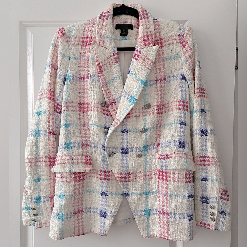 Maison Cinqcent Size M Tweed Button Blazer - White/Blue/Pink